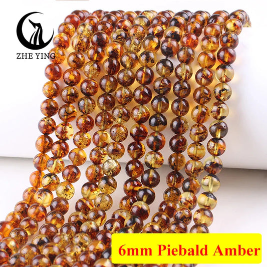 Zhe Ying Genuine Piebald Amber Round Beads – Natural Healing Loose Stones for DIY Jewelry Making